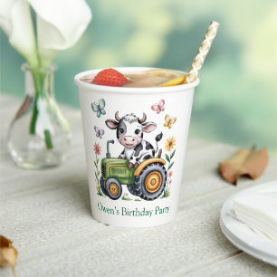 Cute Cow on Tractor Boy Birthday Party Paper Cups