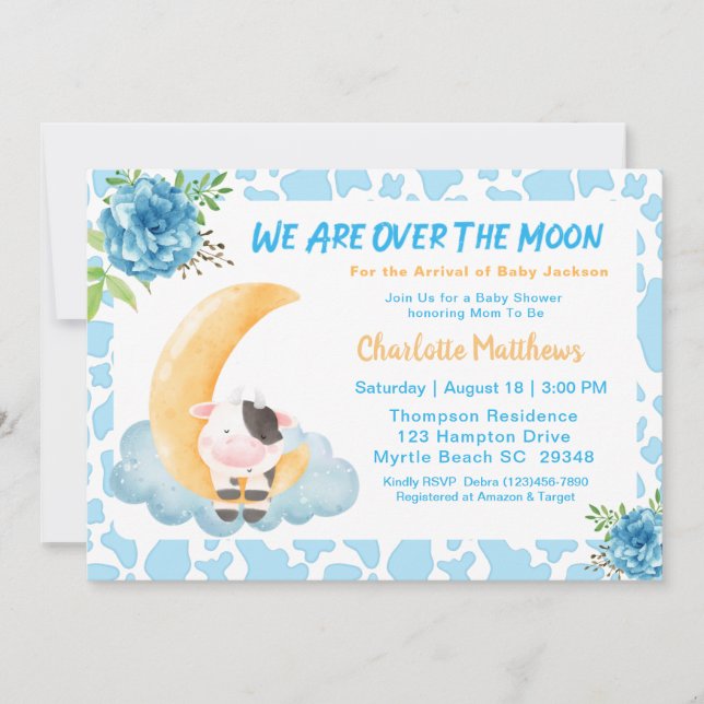 Cute Cow Over The Moon Blue Baby Shower   Invitati Invitation (Front)