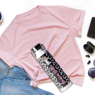 Cute Cow Pattern Pink Tropical Hibiscus Name Water Water Bottle
