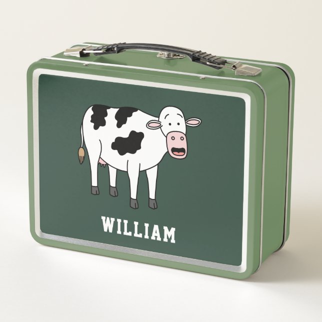 Cute Cow Personalised Custom Name Back To School Metal Lunch Box (Back)