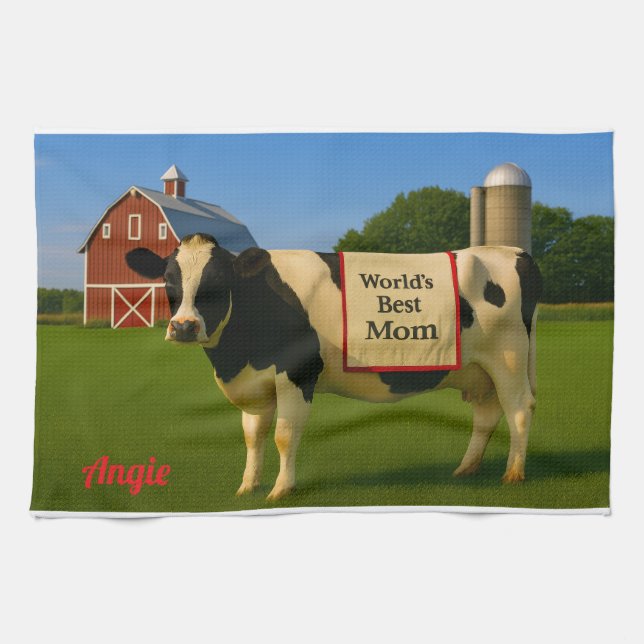 Cute Cow Personalised Kitchen Towel for Mum (Horizontal)