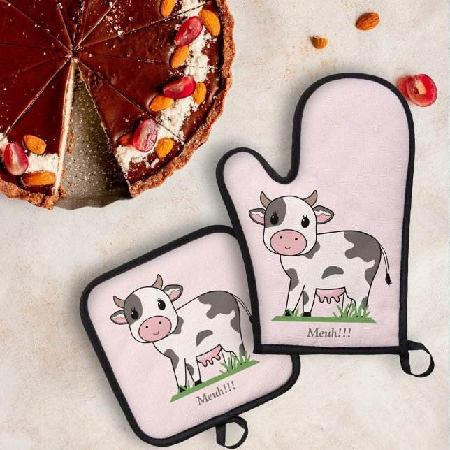 Cute Cow Pink Oven Mitt & Pot Holder Set (Cute Cow Pink Oven Mitt & Pot Holder Set)