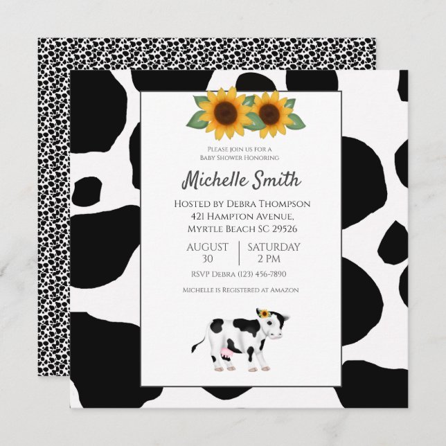 Cute Cow Print Sunflower Baby Shower Invitations (Front/Back)