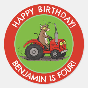 Cute cow riding tractor personalised birthday classic round sticker