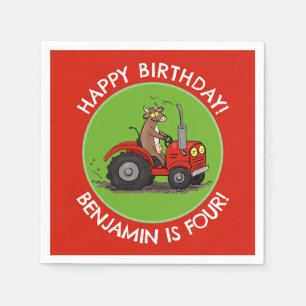 Cute cow riding tractor personalised birthday napkin