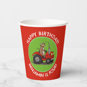 Cute cow riding tractor personalised birthday paper cups