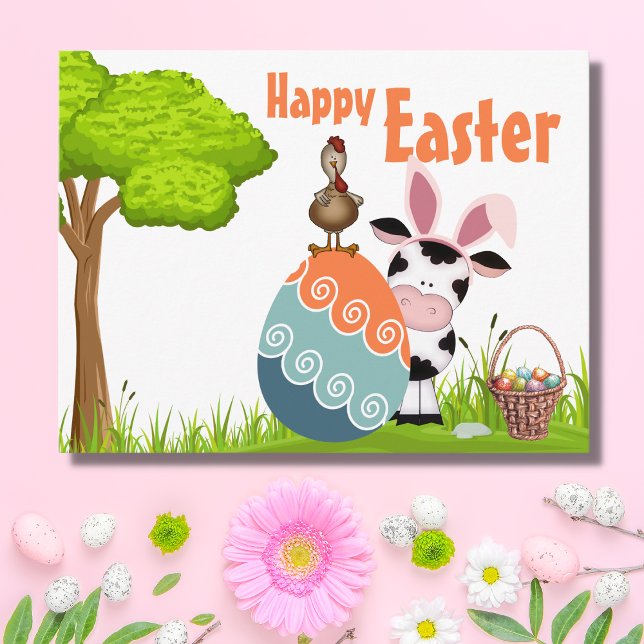 Cute Cow, Rooster and Colourful Eggs Farm Easter Holiday Postcard (Creator Uploaded)