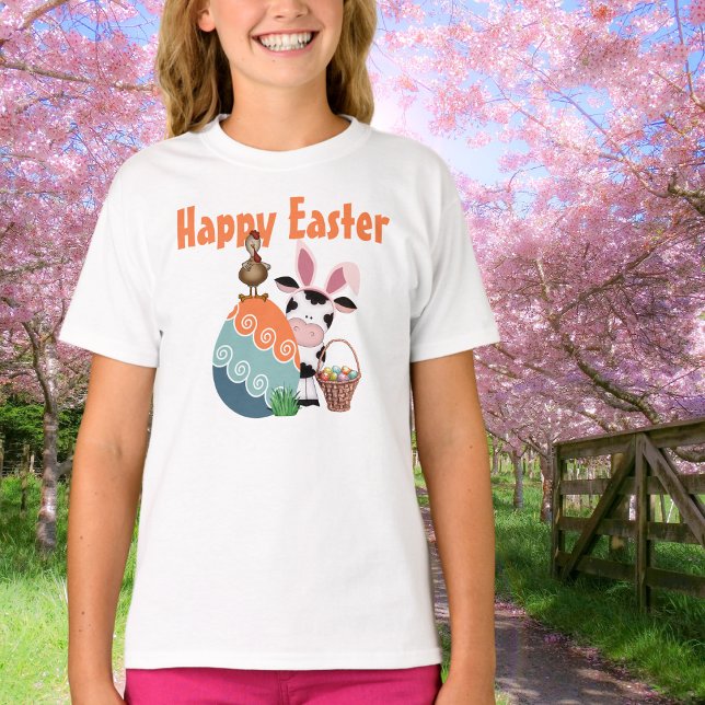 Cute Cow, Rooster, Colourful Eggs Farm Happy Easte T-Shirt (Creator Uploaded)