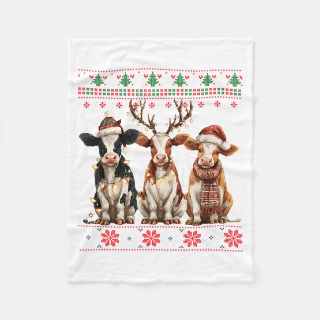 Cute Cow Santa Christmas Lights Ugly Xmas Sweater  Fleece Blanket (Front)