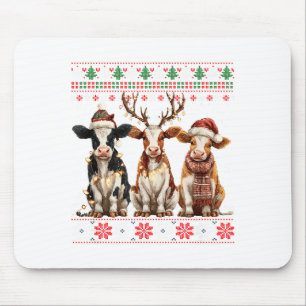 Cute Cow Santa Christmas Lights Ugly Xmas Sweater  Mouse Pad