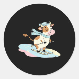 Cute Cow Skiing Scarf Winter Alpine Snow Scene Classic Round Sticker