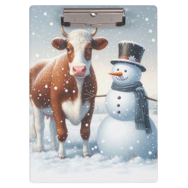 Cute cow & snowman in the winter field clipboard (Front)