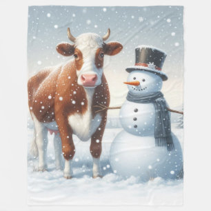 Cute cow & snowman in the winter field fleece blanket
