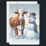 Cute cow & snowman in the winter field holiday card<br><div class="desc">.</div>