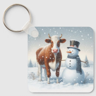 Cute cow & snowman in the winter field key ring