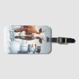 Cute cow & snowman in the winter field luggage tag