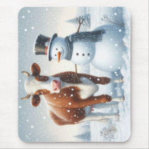 Cute cow & snowman in the winter field mouse pad