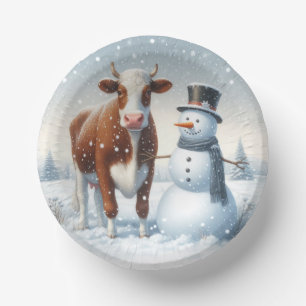 Cute cow & snowman in the winter field paper plate