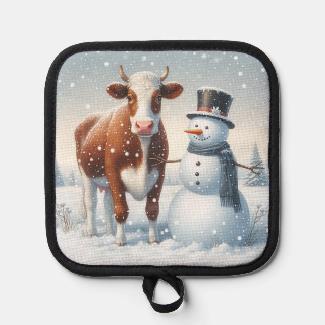Cute cow & snowman in the winter field pot holder (Front)
