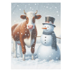 Cute cow & snowman in the winter field tablecloth
