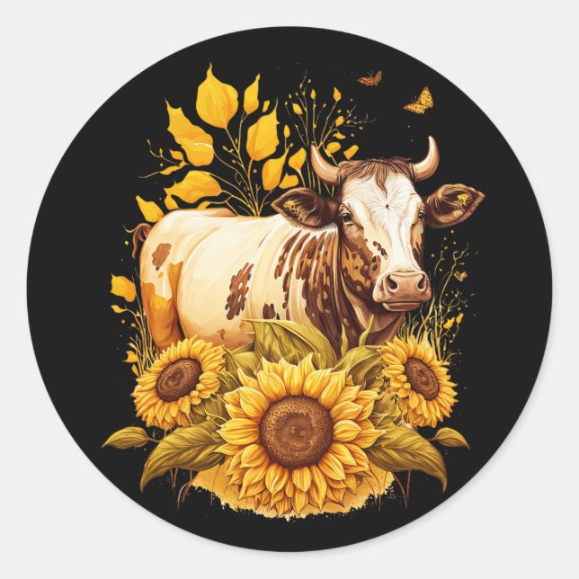 Cute Cow Sunflower Lover Drawing Art Classic Round Sticker (Front)