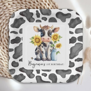 Cute Cow Sunflower Modern Farm Animal 1st Birthday Paper Plate