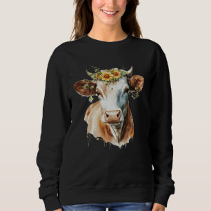 Cute Cow Sunflower Watercolor Cattle Farm Animal Sweatshirt