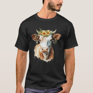 Cute Cow Sunflower Watercolor Cattle Farm Animal T-Shirt