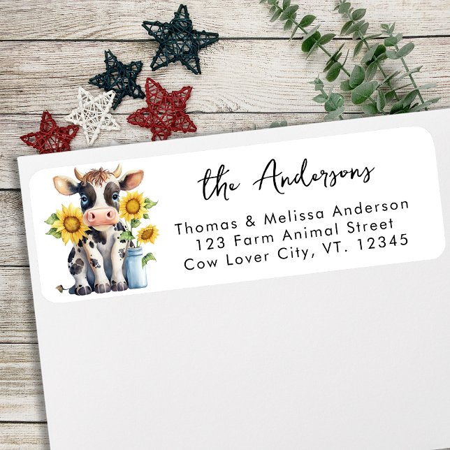 Cute Cow Sunflowers Farm Animal Return Address  (Creator Uploaded)