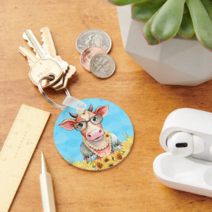 Cute Cow Sunflowers Key Ring