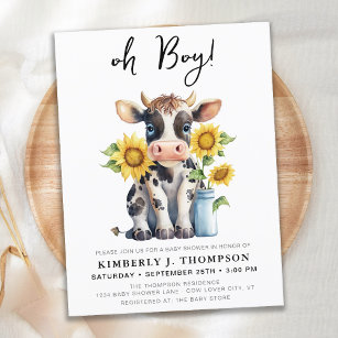 Cute Cow Sunflowers Modern Farm Animal Baby Shower Invitation Postcard
