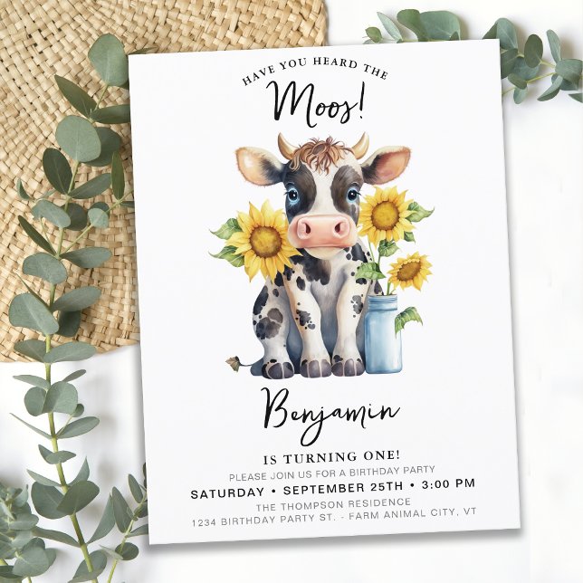 Cute Cow Sunflowers Modern Farm Animal Birthday Invitation Postcard (Creator Uploaded)