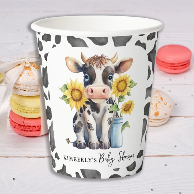 Cute Cow Sunflowers Modern Simple Farm Baby Shower Paper Cups (Creator Uploaded)