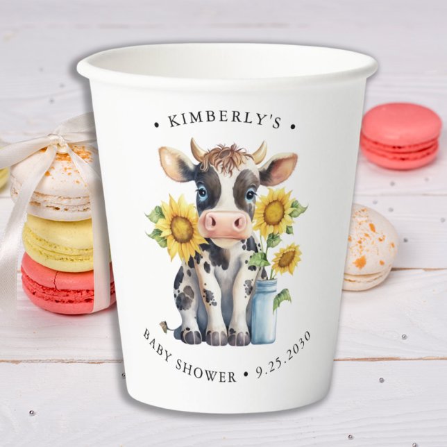 Cute Cow Sunflowers Modern Simple Farm Baby Shower Paper Cups (Creator Uploaded)