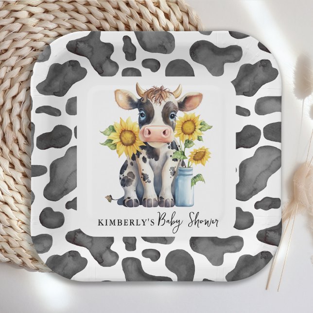 Cute Cow Sunflowers Modern Simple Farm Baby Shower Paper Plate (Creator Uploaded)