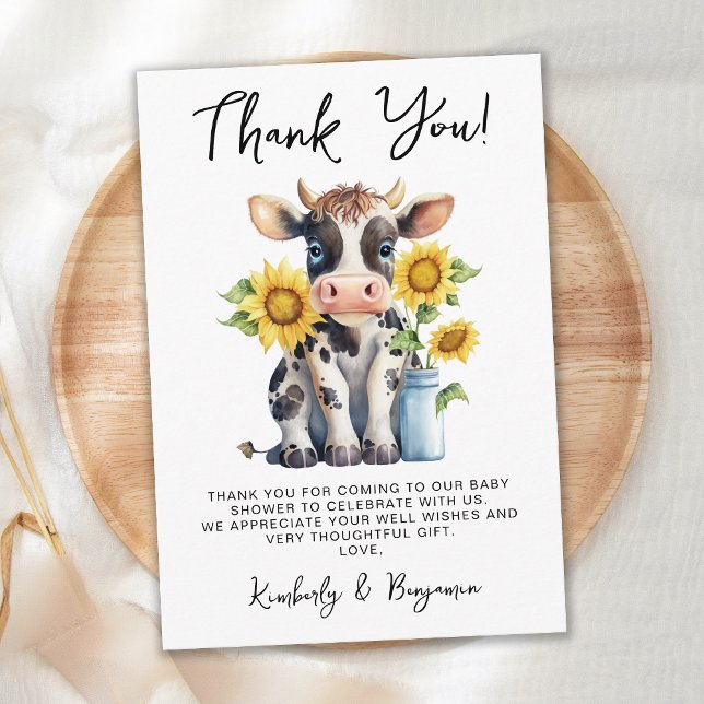Cute Cow Sunflowers Modern Simple Farm Baby Shower Thank You Card (Creator Uploaded)