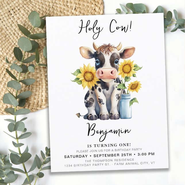 Cute Cow Sunflowers Modern Simple Farm Birthday Invitation Postcard (Creator Uploaded)