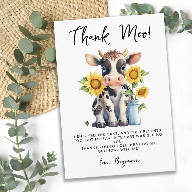 Cute Cow Sunflowers Modern Simple Farm Birthday Thank You Card (Creator Uploaded)