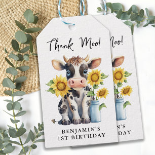 Cute Cow Sunflowers Modern Thank Moo Birthday Gift Tags