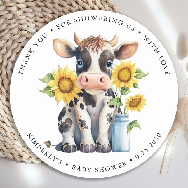 Cute Cow Sunflowers Simple Modern Farm Baby Shower Classic Round Sticker (Creator Uploaded)