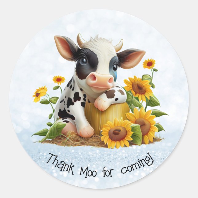 Cute Cow Thank Moo Sunflower Garden Personalised  Classic Round Sticker (Front)