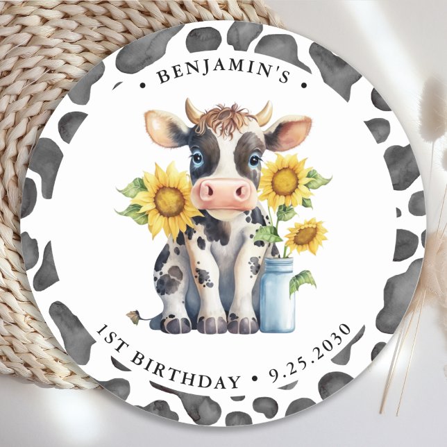 Cute Cow Thank You Modern Farm Animal Birthday Classic Round Sticker (Creator Uploaded)