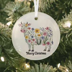 Cute Cow, Watercolor Wildflowers,Country, Floral Glass Tree Decoration