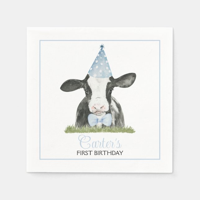 Cute cow with Blue Party hat & Bow Tie Party  Napkin (Front)