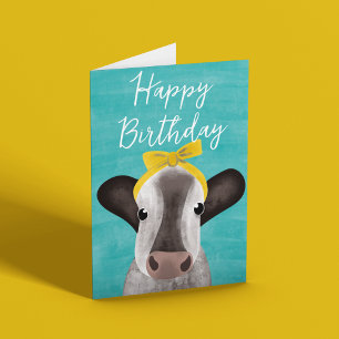 Cute Cow with Bow Customisable Birthday Card