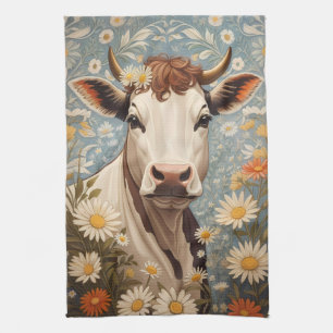 Cute Cow With Daisy Flowers Tea Towel