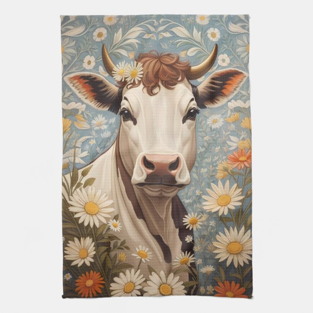 Cute Cow With Daisy Flowers Tea Towel (Vertical)