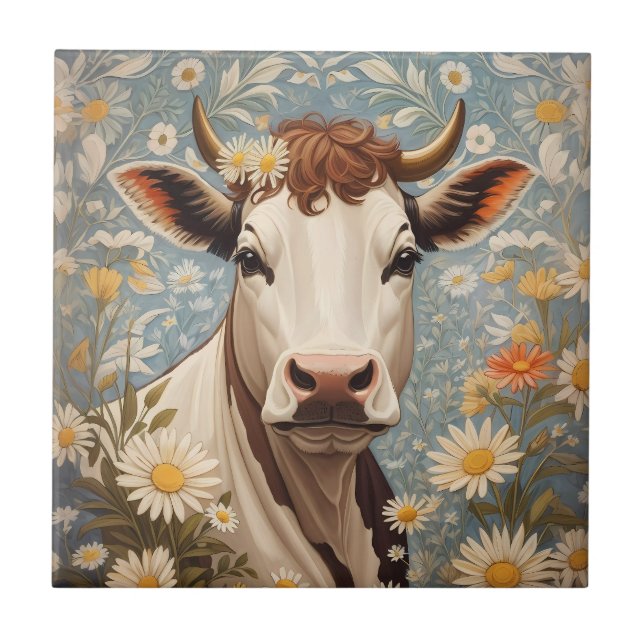 Cute Cow With Daisy Flowers Tile (Front)