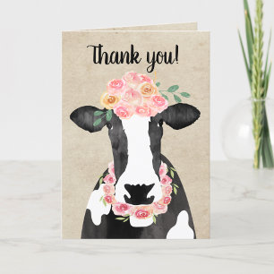 Cute Cow with Floral Crown Rustic Thank you card