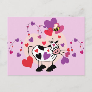 Cute Cow With Hearts and a Bumble Bee Graphic Postcard